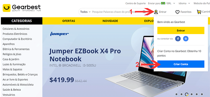 Criar conta para comprar Gearbest